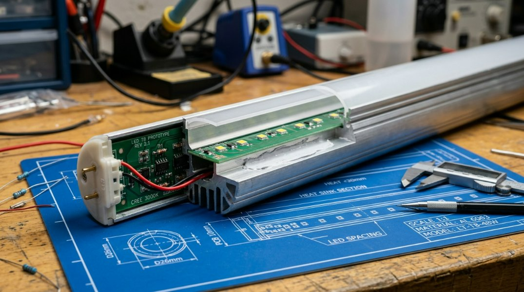 Engineering schematic diagram showing a cross-section of an LED T8 Tube Housing with a 10mm PCB, pointing out heat dissipation channels and material layers.